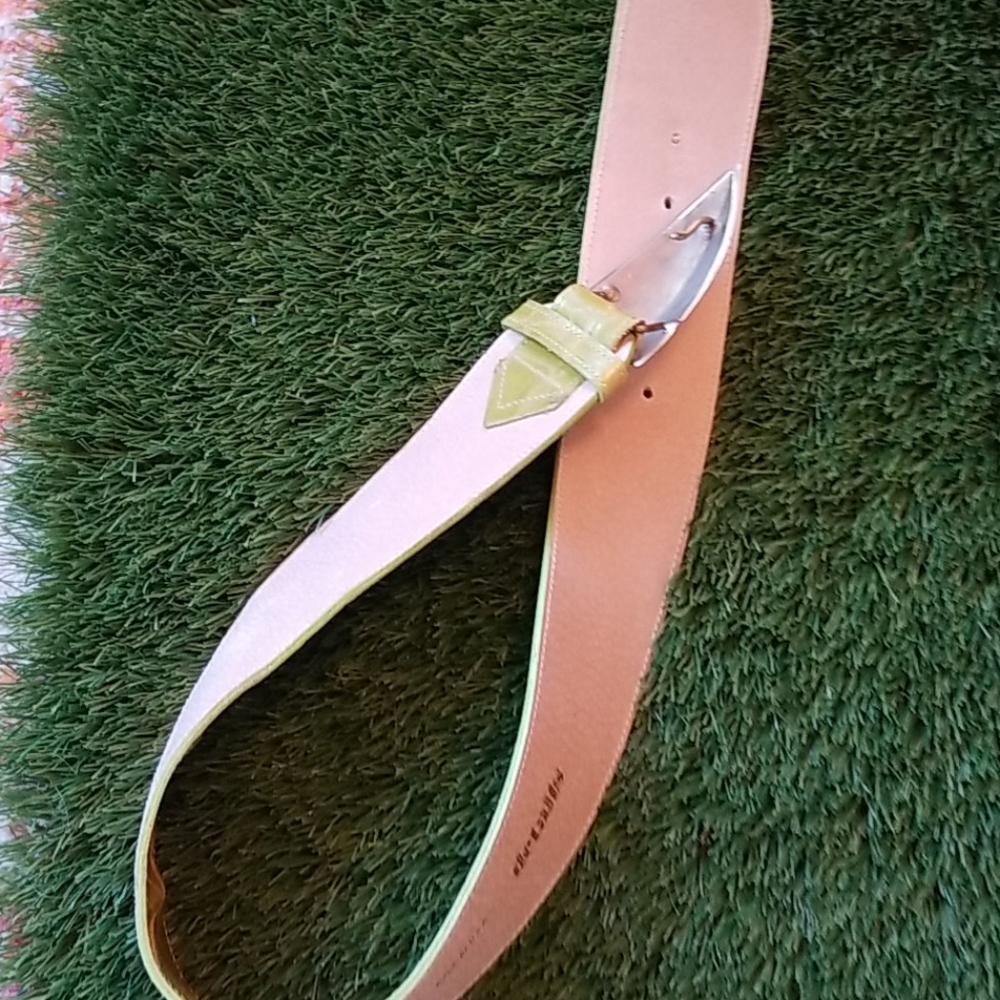 80's Vtg Leather Mod Brass Buckle Olive Pea Green 2.5" Waist BELT by DETAILS usa - Picture 11 of 13